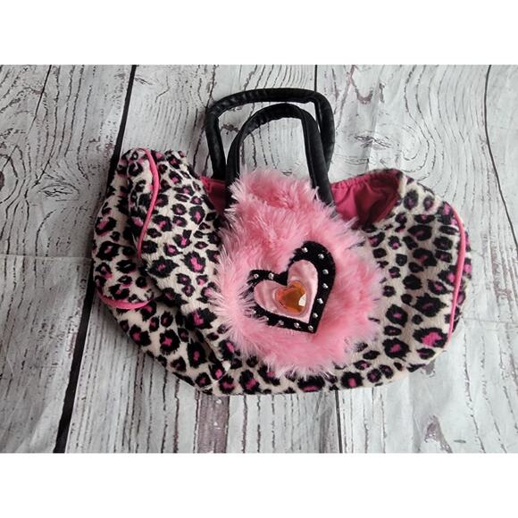 Sassy Pet Saks by Douglas Bag Purse Pink leopard print feathery pink Trim heart - Picture 1 of 8